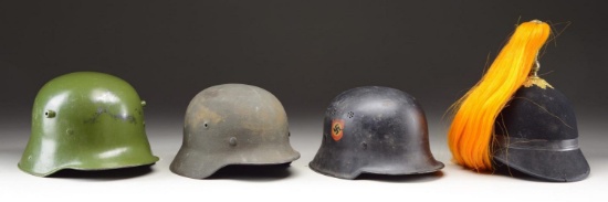 3 GERMAN HELMETS & 1 US M1881 HELMET.