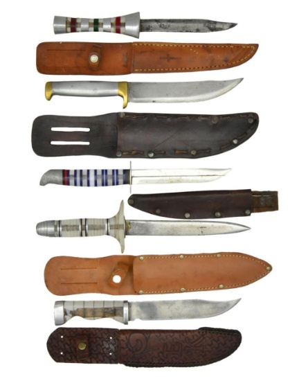 GROUP OF 5 WWII THEATER MADE FIGHTING KNIVES.