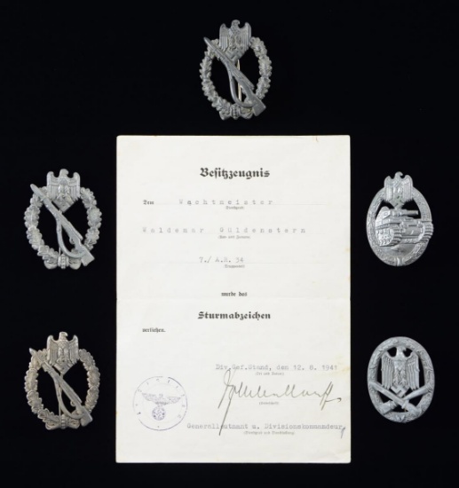 5 WWII GERMAN AWARDS BADGES & 1 AWARD DOCUMENT.