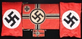 4 WWII GERMAN FLAGS & 2 PARTY PINS.