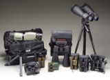 BINOCULARS, SPOTTING SCOPE, TRIPOD AND CASES.