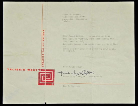 FRANK LLOYD WRIGHT AUTOGRAPHED LETTER.