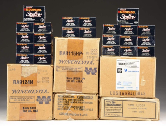 6 CASES (4,500 RDS.) VARIOUS 9MM LUGER AMMO.