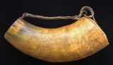 AN INTERESTING FOLK ART CARVED STORAGE HORN OF