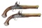 GOOD PAIR OF BRASS CANNON BARRELED SILVER MOUNTED