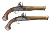 GOOD PAIR OF BRASS CANNON BARRELED SILVER MOUNTED