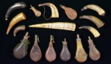 GROUP OF 15 POWDER FLASKS, HORNS, SHOT POUCHES.