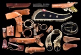 LARGE LOT OF MISC. LEATHER  GUN PARTS  MORE.