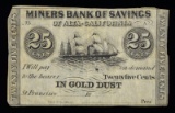VERY RARE 25 MINERS BANK OF ALTA-CALIFORNIA NOTE