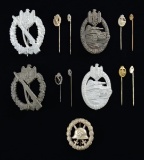 5 WWII STYLE GERMAN BADGES & 8 STICKPINS.