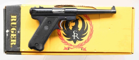 RUGER BLUED MARK II SEMI AUTO PISTOL.