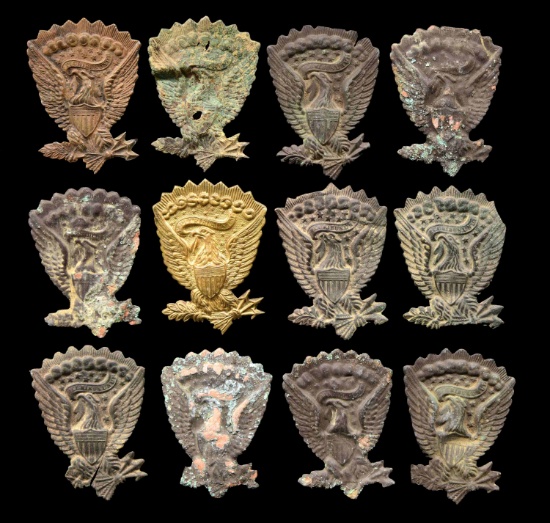 11 EXCAVATED US M1858 HARDEE HAT EAGLES & 1 NON-