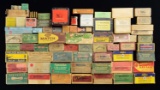 GROUPING MOSTLY EMPTY COLLECTIBLE AMMO BOXES.