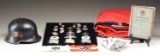 WWII GERMAN FLAG, HELMET, BELT BUCKLES, MEDALS, &