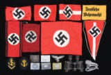 WWII GERMAN BELT BUCKLES, ARMBANDS, BINOCULARS,