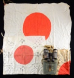 WWII JAPANESE BINOCULARS WITH CASE & 3 FLAGS.