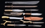 6 KNIVES, A BAYONET, A MACHETE, & A CARVING SET.