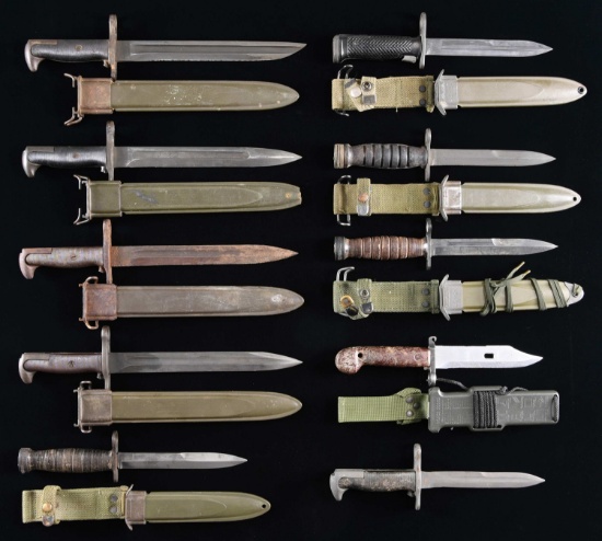 10 PREDOMINENTLY US VINTAGE MILITARY BAYONETS.