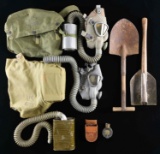 US GAS MASKS, ENTRENCHING TOOLS, & COMPASS.