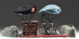 MILITARY CAPS, A PAIR OF BINOCULARS, AND MORE.
