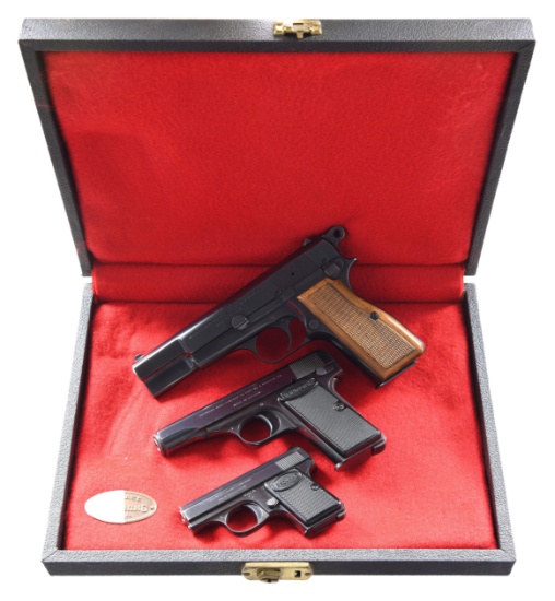 BROWNING GRADE ONE CASED THREE PISTOL SET.