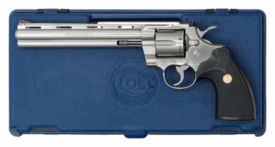 COLT PYTHON STAINLESS 8" REVOLVER WITH CASE.