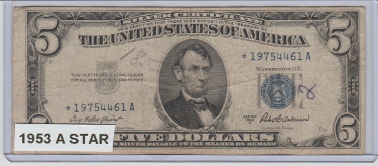 1953 $5.00 STAR BLUE SEAL SILVER CERTIFICATE