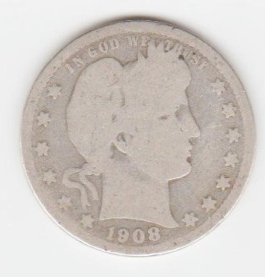 1908 O SILVER BARBER QUARTER