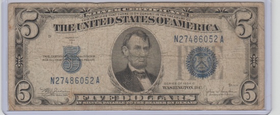 1934C U.S. $5.00 BLUE SEAL SILVER CERTIFICATE