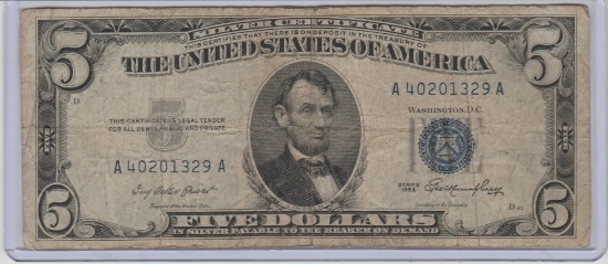 1953 U.S. $5.00 BLUE SEAL SILVER CERTIFICATE