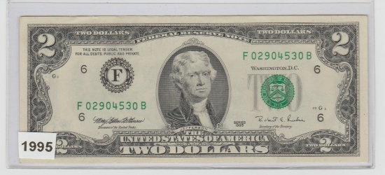 1995 UNC. U.S. $2.00 FEDERAL RESERVE NOTE