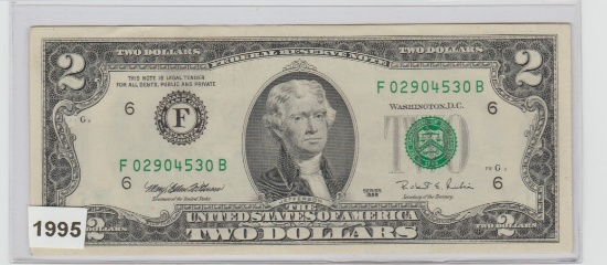 1995 UNC. U.S. $2.00 FEDERAL RESERVE NOTE