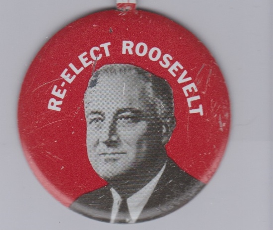 RE-ELECT ROOSEVELT SEAGRAM'S 7 BUTTON