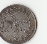 1943 NEWFOUNDLAND 5 CENTS