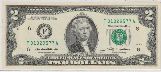 2009 UNC. U.S. $2.00 FEDERAL RESERVE NOTE