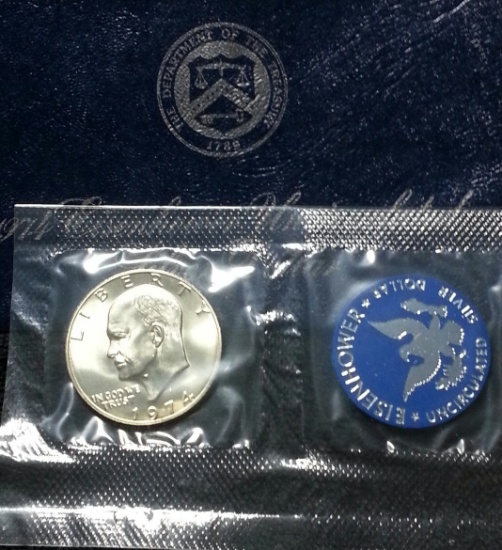 1974-s Silver UNC Eisenhower Dollar in Original Packaging with COA's "Blue Ike"