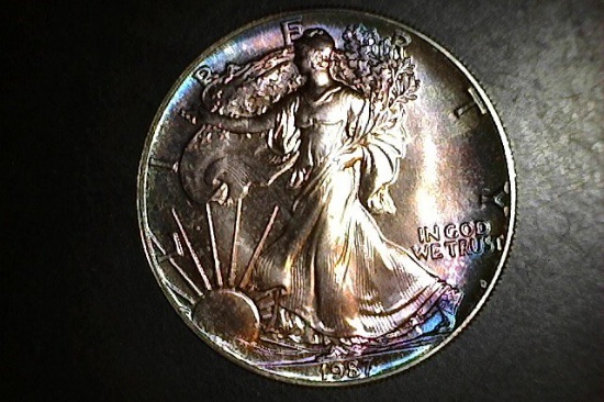 1987 1 oz. Silver American Eagle BU Nice Rainbow Toning