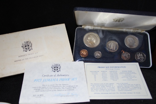 1973 Jamaica Proof Set Franklin Mint $5 Sterling Silver 7 pc Coin Blue Box COA