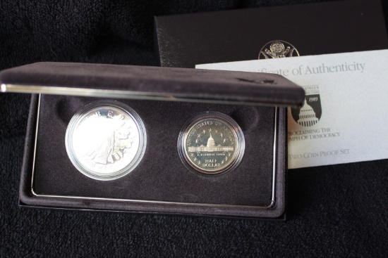 1989-s 2 pc. Congressional Bicentennial Proof Commem Silver Dollar & Half BOX & COA