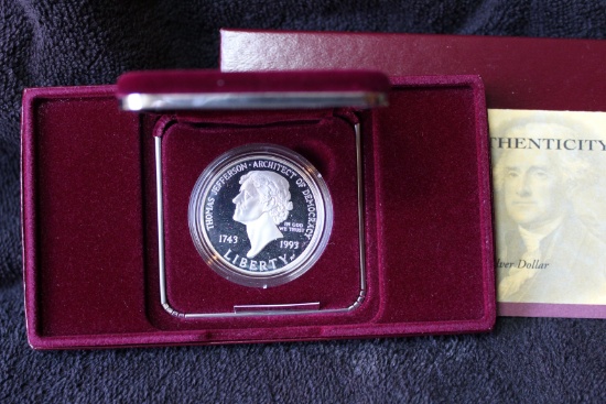 1993-S Thomas Jefferson 250th Anniversary Commemorative Proof Dollar BOX & COA