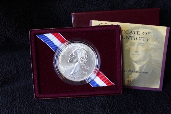 1993-p Thomas Jefferson 250th Anniversary Commemorative Silver UNC Dollar BOX & COA