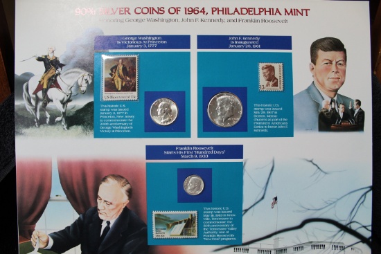 Commemorative 1964-P Half, Quarter, Dime & Stamps Set BU