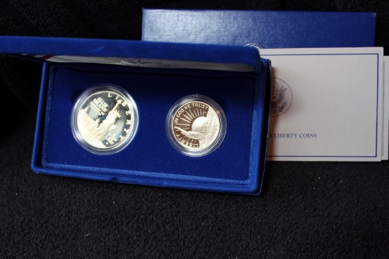 1986 2pc Statue of Liberty Commemorative PROOF Silver Dollar & Half BOX & COA