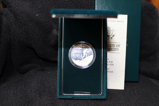 1991 P Korean War Memorial Silver Dollar Proof BOX & COA