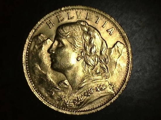 1930 B Gold 20 Francs Helvetia BU