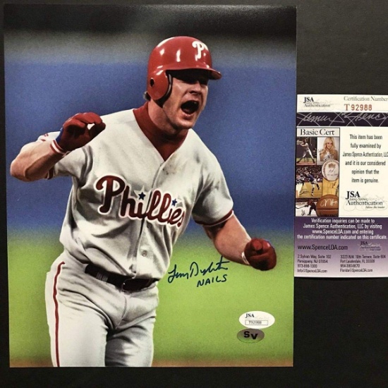 Autographed/Signed Lenny Dykstra Nails Philadelphia Phillies 8x10 Baseball Photo JSA COA