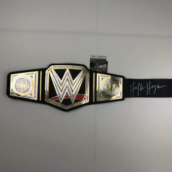 Autographed/Signed Hulk Hogan Black Replica WWE Wrestling Championship Title Belt JSA COA