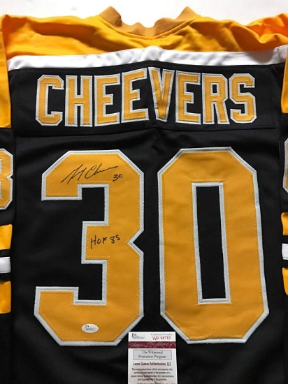 Autographed/Signed Gerry Cheevers"HOF 85" Boston Black Hockey Jersey JSA COA