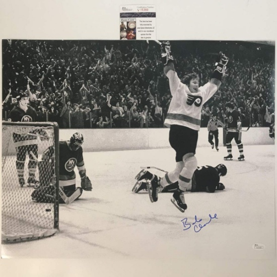 Autographed/Signed Bobby Bob Clarke B&W Philadelphia Flyers 16x20 Hockey Photo JSA COA
