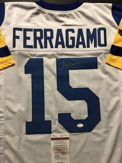 Autographed/Signed Vince Ferragamo Los Angeles LA White Football Jersey JSA COA